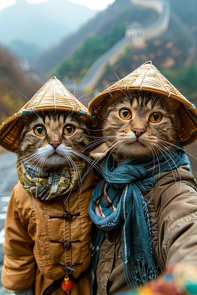 Katten selfie bij de Grote Muur - grappige katten van Poster Art Shop