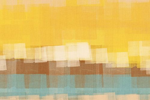 Abstract in neongeel, wit, bruin en lichtblauw.