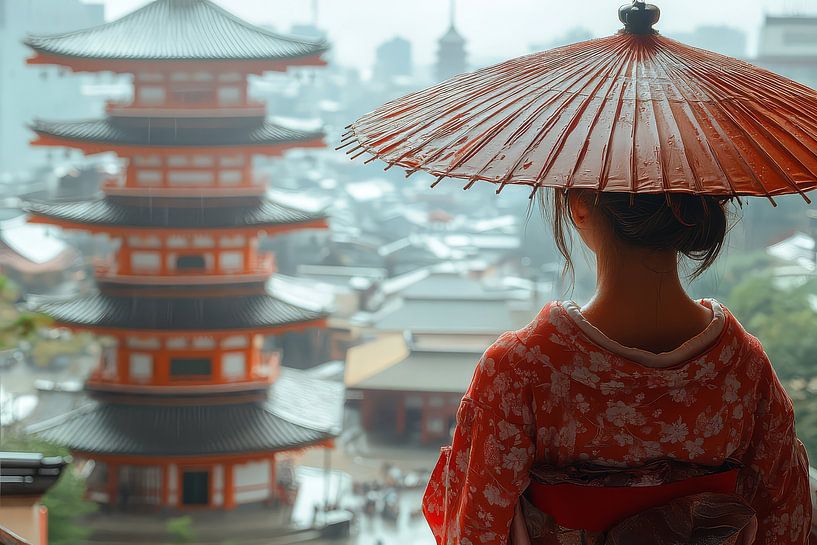 Picturesque Japanese statue woman in town with umbrella by Egon Zitter