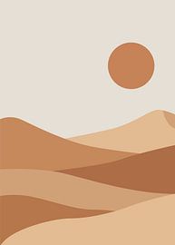 Minimalistische, flache Vektorillustration von sich sanft wellenden Wüstendünen unter einer großen, warmen Sonne.