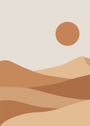 Minimalistische, platte vectorillustratie van golvende zandduinen in de woestijn onder een grote, warme zon.