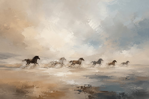 Wild Horses of Freedom – Wanddekoration mit galoppierenden Pferden – Abstraktes Pferdegemälde – Beige & Blau – Luxuriöse Naturkunst