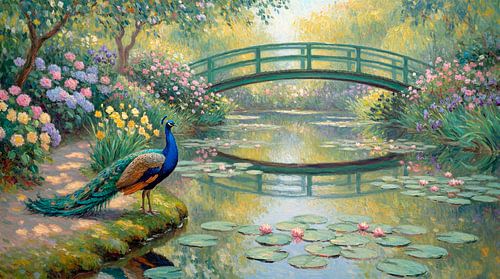 A peacock by the pond