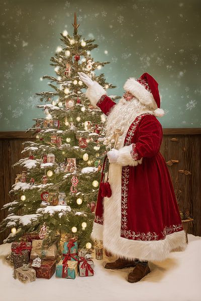 Der Weihnachtsmann schmückt den Weihnachtsbaum von Schwarzer Kaffee