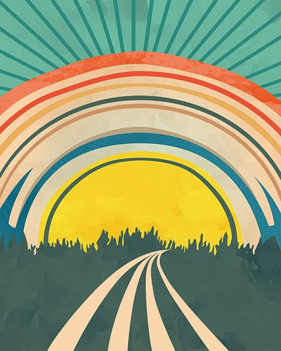 Retro landschap bij zonsondergang