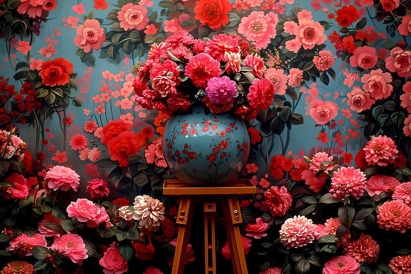 Blue vase with pink flowers by Art & Soul Creations
