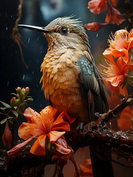 Kolibrie tussen bloemen van Luc de Zeeuw