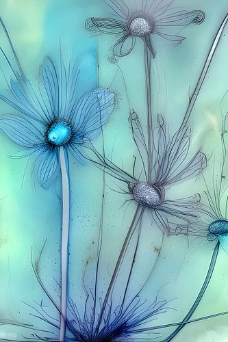 Blue XI - flower stem silhouette in blue