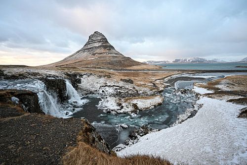 Kirkjufell volcano in Iceland at sunset