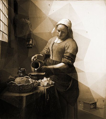 Het melkmeisje van Vermeer met geometrisch patroon in pastelbeige bruin
