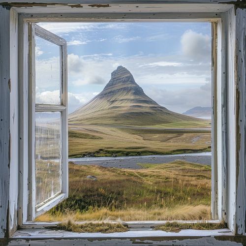 Uitzicht vanuit het raam op Kirkjufell