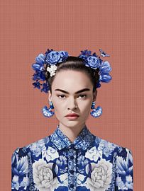 Frida in Delft blue style on old pink background, modern dutch variation of iconic portrait by Mijke Konijn