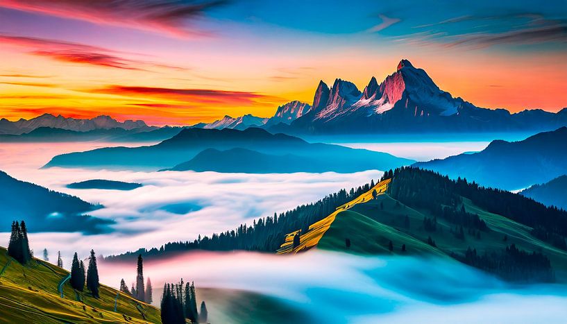Zonsondergang met mist en landschap van Mustafa Kurnaz