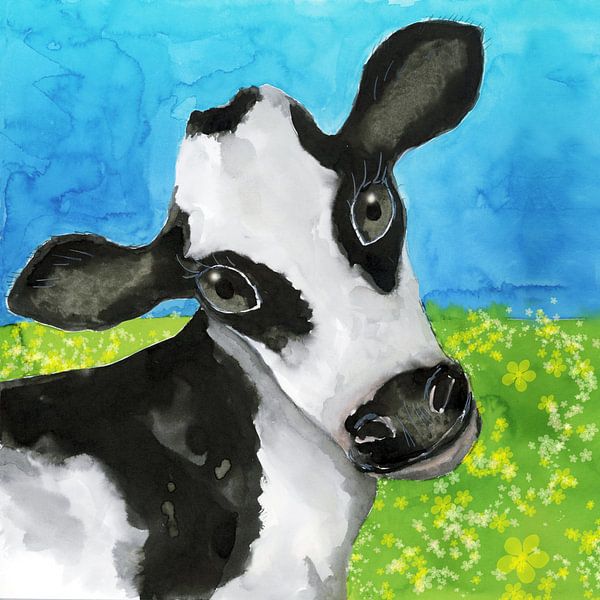 Koe in de wei aquarel van Bianca Wisseloo