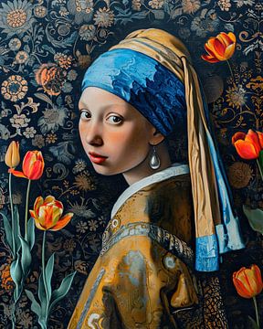 Meisje met de parel en tulpen van Vlindertuin Art