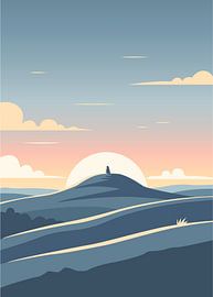 Minimalistische, flache Vektorillustration einer einsamen Silhouette auf sanften blauen Hügeln bei Sonnenaufgang.