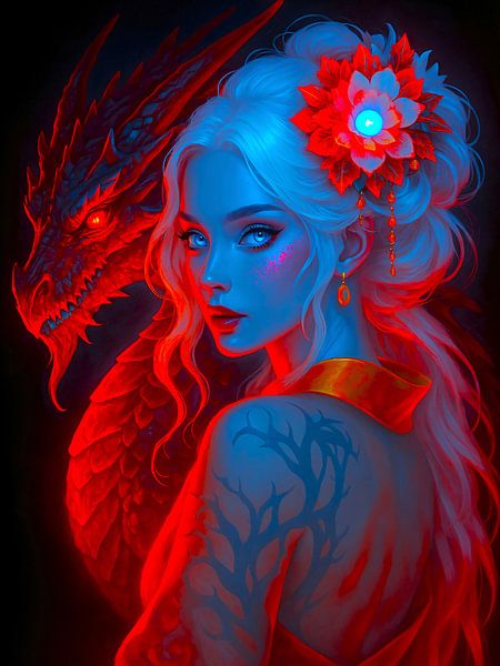 Der Drache und die Schönheit in Neon von A.D. Digital ART