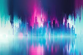 Futuristische Skyline mit bunten Spiegelungen von Art & Soul Creations