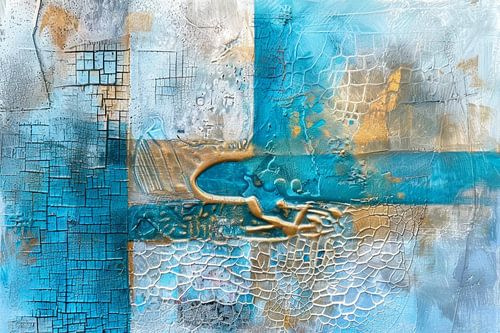 Turquoise Abstract Schilderij - Textuur, Craquelé en Goudaccenten