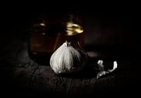 Olive oil and garlic, still life, painterly. Italy cooking. Mediterranean