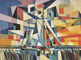 A two-masted ship against the setting sun