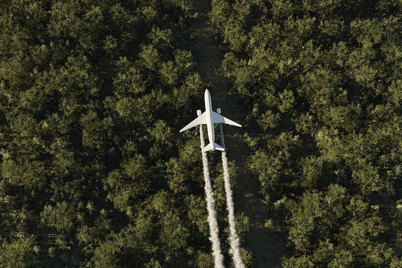 Un avion avec des traînées de condensation survole une forêt dans la lumière du soir par Besa Art