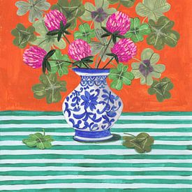 Still life vase with flowers four-leaf clover bright colours by Caroline Bonne Müller