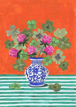 Still life vase with flowers four-leaf clover bright colours by Caroline Bonne Müller