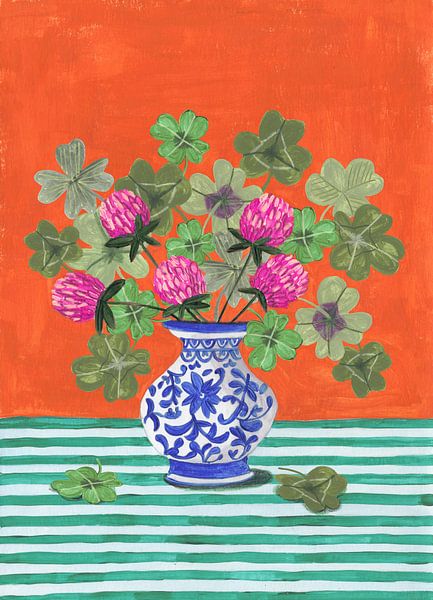 Still life vase with flowers four-leaf clover bright colours by Caroline Bonne Müller