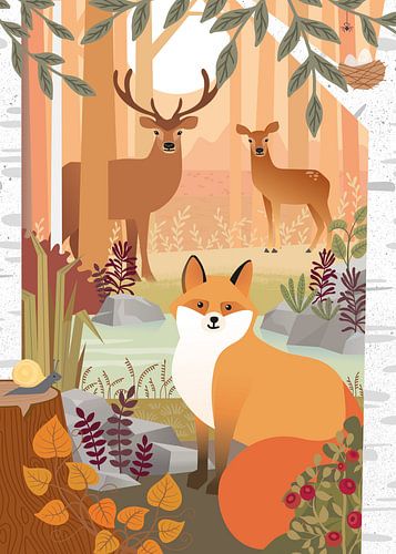 Le renard dans la forêt (orange) sur Hannah Barrow