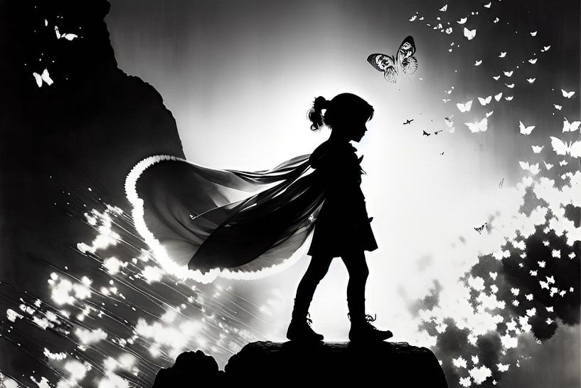 Het zwart-witte meisje, silhouet en de vleugelcape van ButterflyPix