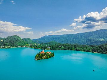 Het meer van Bled met het eiland Bled in Slovenië tijdens de lente