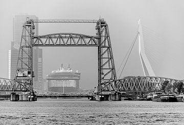 Oasis of the Seas, Erasmus Bridge and De Hef in black and white by Jeroen van Dam