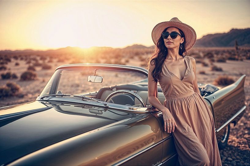 Gutaussehende Frau lehnt sich an einen Oldtimer in der Wüste in Amerika von Jan Bouma