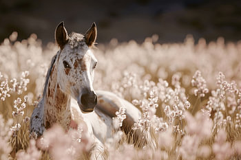 Paard in een oase van mooie bloemenweelde