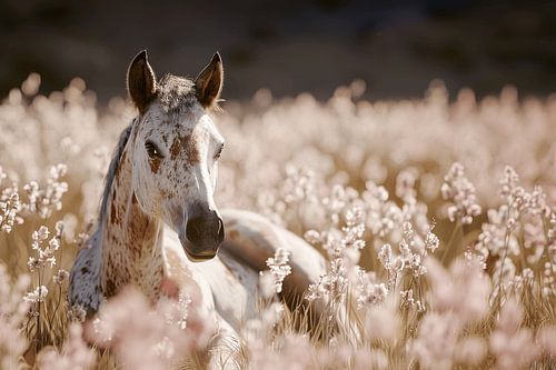 Horse in an oasis of beautiful floral wealth