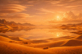 Spiegelung einer Wüstenlandschaft mit Dünen und Bergen im goldenen Sonnenuntergang von ButterflyPix