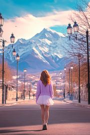 Mädchenstraßenansicht mit Bergen von Poster Art Shop