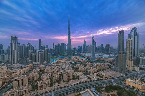 Dubai Downtown Skyline at sunset with clouds