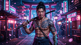 Samurai Japan in neon culture by my pixel art