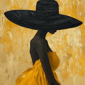 Portrait of a woman wearing a large hat in shades of yellow by Studio Allee