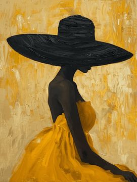 Porträt einer Frau, die einen großen Hut in Gelbtönen trägt