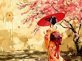 Japanse geisha in japanse tuin van Charles Bijl