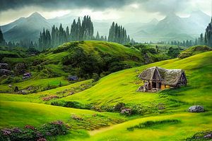 Groene heuvels en hobbitwoningen van Nieuw-Zeeland Illustratie 03 van Animaflora PicsStock