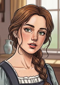 Illustriertes Frauenporträt mit geflochtenem Haar, grünen Augen und Fr von Markus Gann