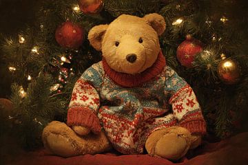 Ours en peluche avec pull-over Noël chaud sous le sapin sur Eva Lee
