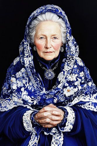 Oude vrouw in Delftsblauw