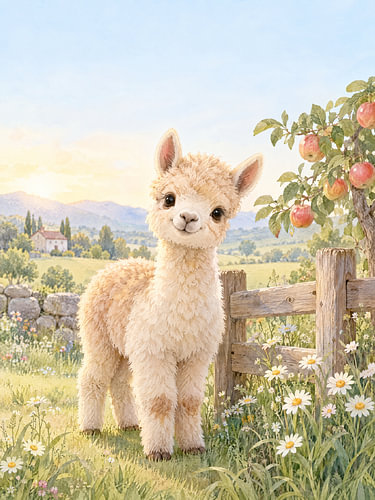Babyalpaca bij het houten hek – Appelboom in het ochtendlicht