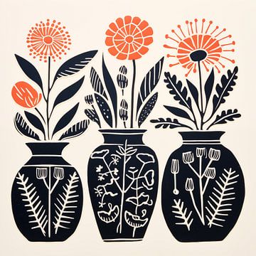 Vazen met oranje bloemen linoprint van Bianca ter Riet