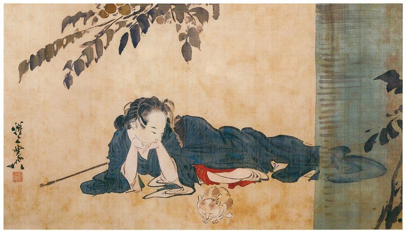 Kawanabe Kyōsai - Reclining Beauty and Cat by Peter Balan